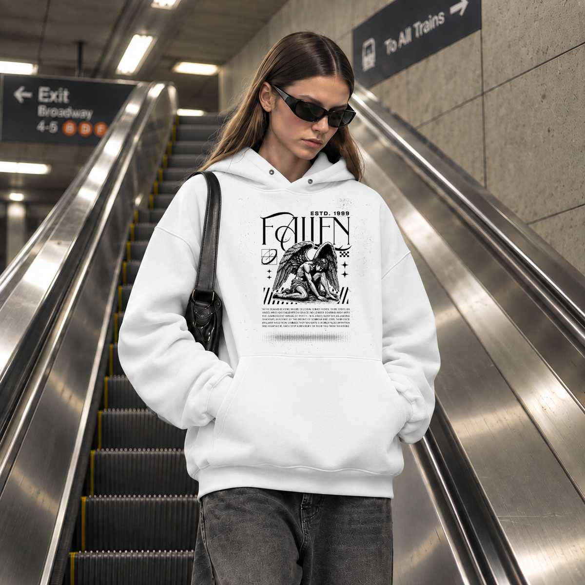 Fallen Angel Kneeling Statue Hoodie – Dark Editorial / Gothic Streetwear Hoodie - Color: white