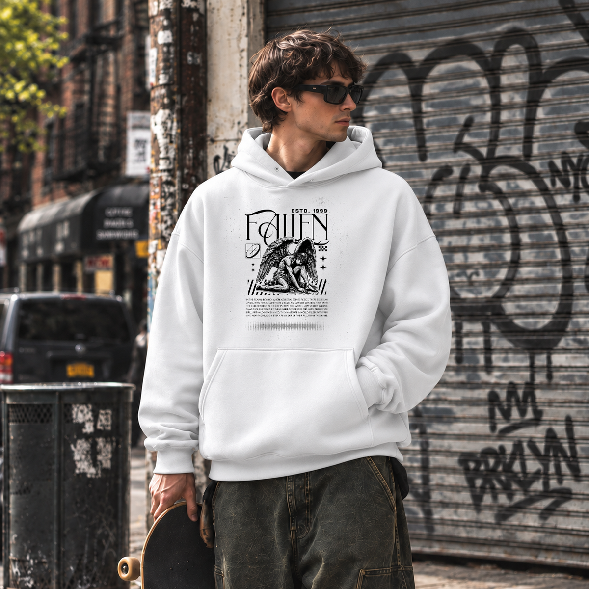 Fallen Angel Kneeling Statue Hoodie – Dark Editorial / Gothic Streetwear Hoodie - Color: white