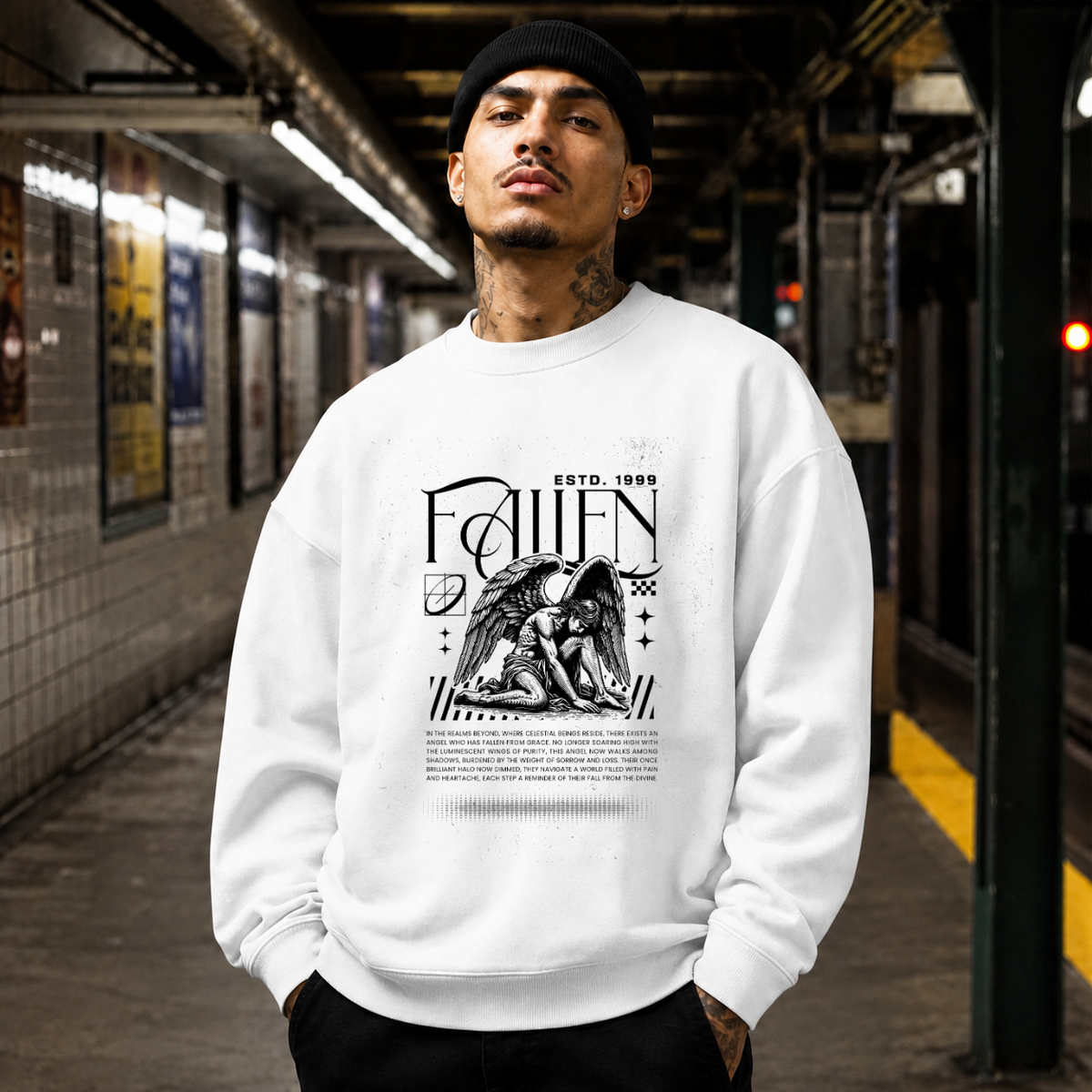 Fallen Angel Kneeling Statue Sweatshirt – Dark Editorial / Gothic Streetwear Sweatshirt - Color: white