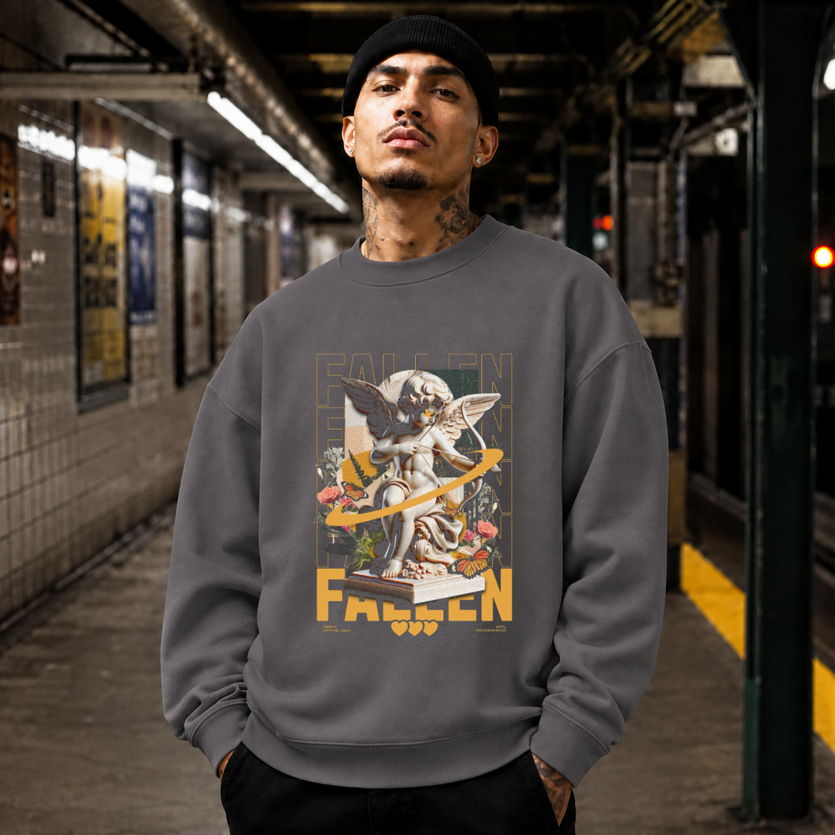 Fallen Cherub Floral Sweatshirt – Religious Imagery Collage Graphic Sweatshirt - Color: charcoal
