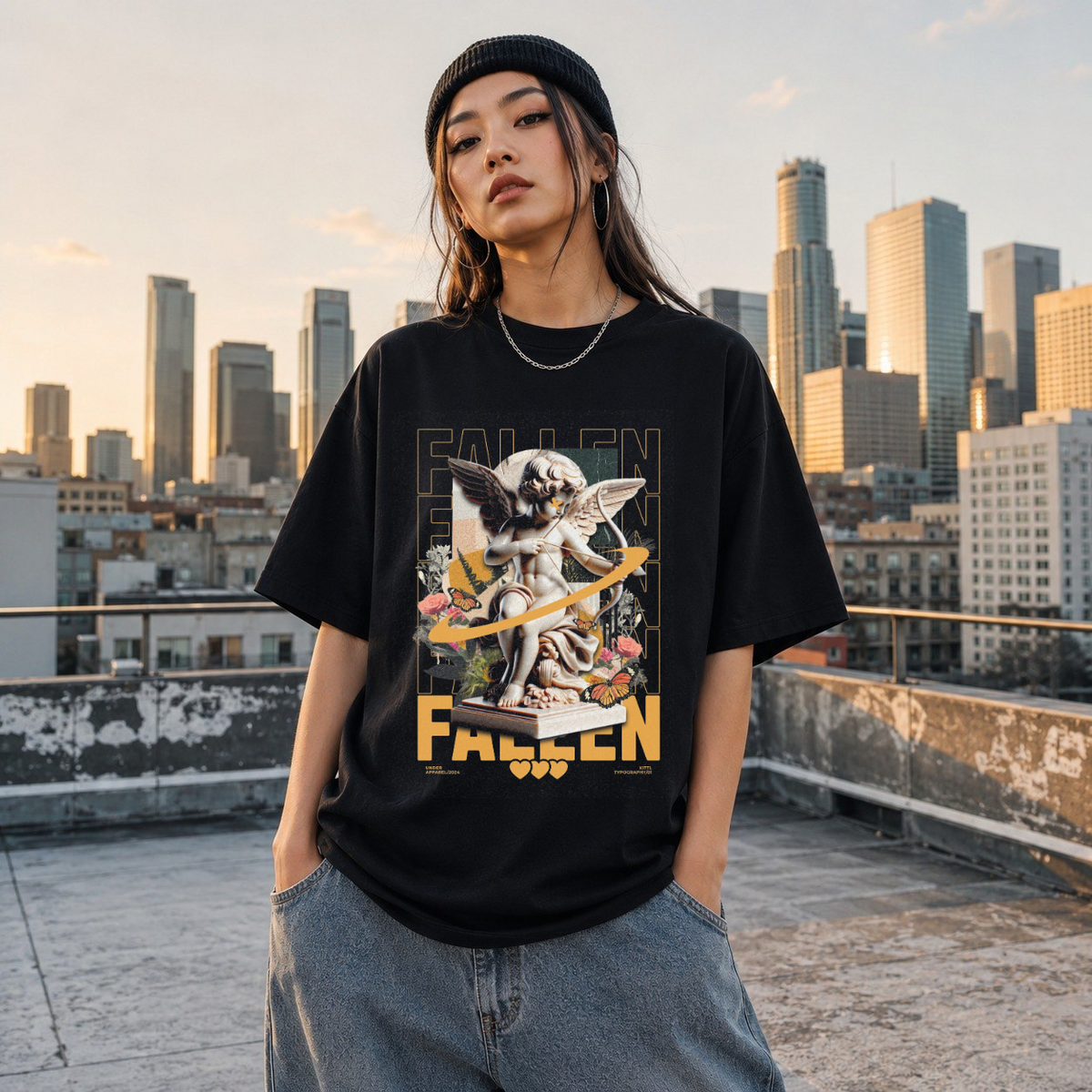 Fallen Cherub Floral T-Shirt – Religious Imagery Collage Graphic Tee - Color: Black