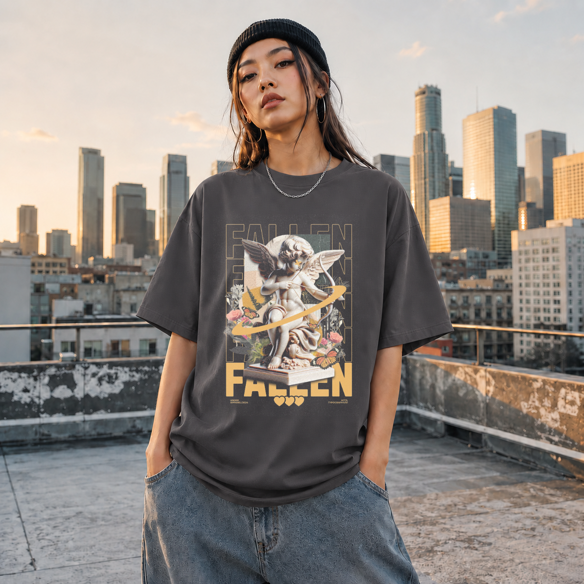 Fallen Cherub Floral T-Shirt – Religious Imagery Collage Graphic Tee - Color: Charcoal