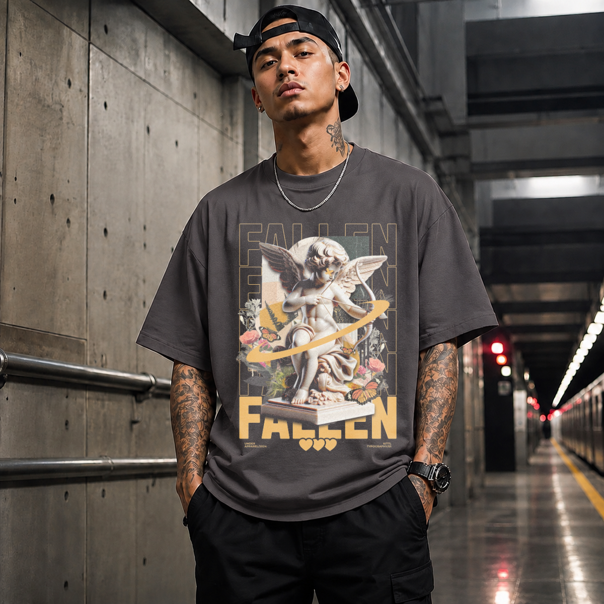 Fallen Cherub Floral T-Shirt – Religious Imagery Collage Graphic Tee - Color: Charcoal