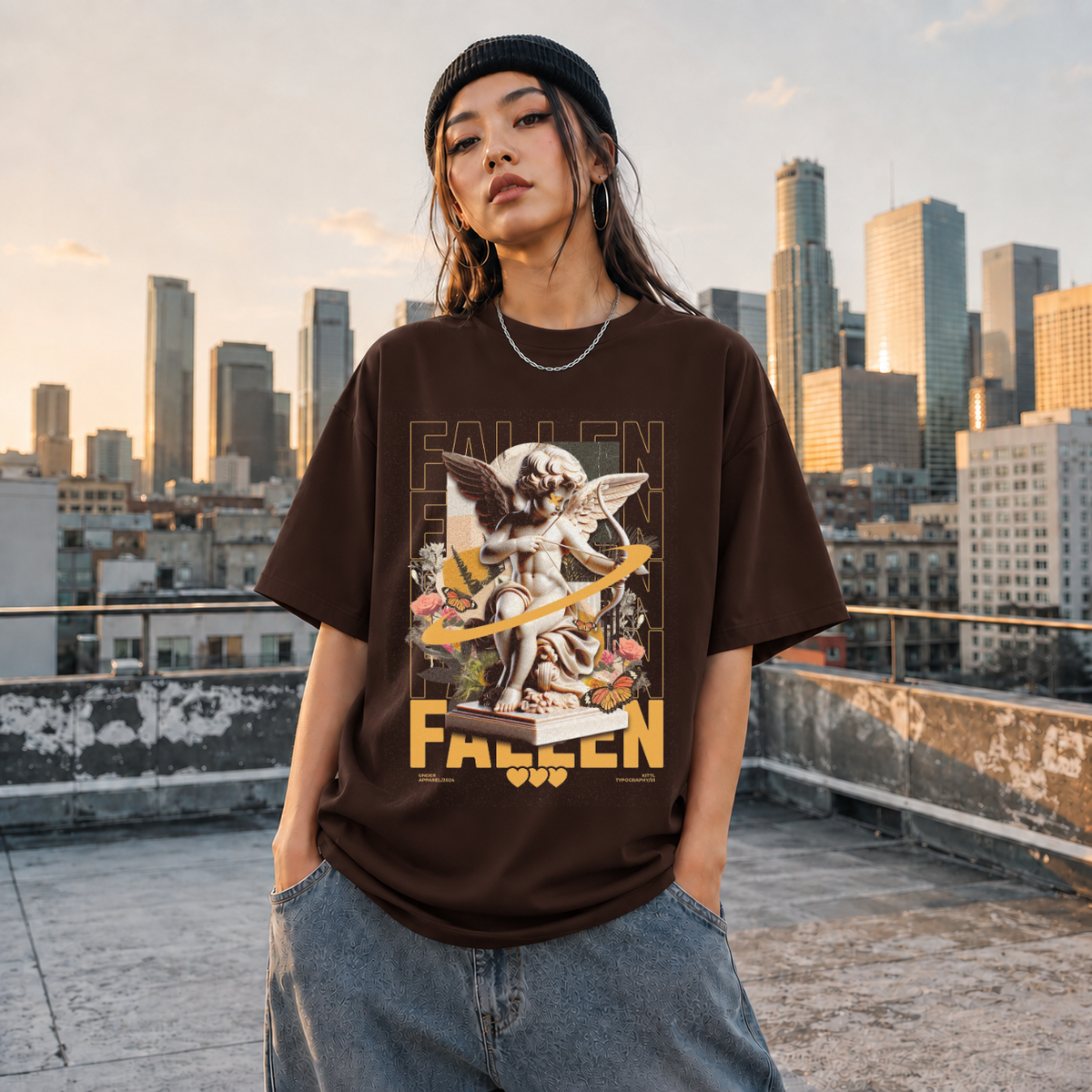 Fallen Cherub Floral T-Shirt – Religious Imagery Collage Graphic Tee - Color: Dark Chocolate