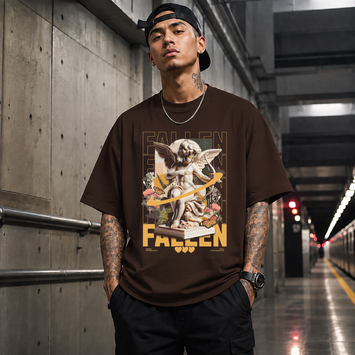 Fallen Cherub Floral T-Shirt – Religious Imagery Collage Graphic Tee - Color: Dark Chocolate