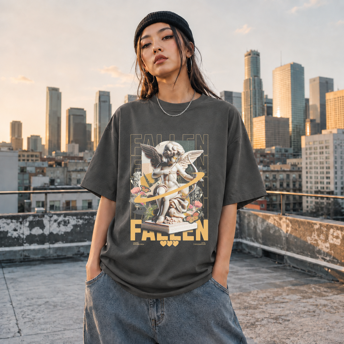 Fallen Cherub Floral T-Shirt – Religious Imagery Collage Graphic Tee - Color: Dark Heather