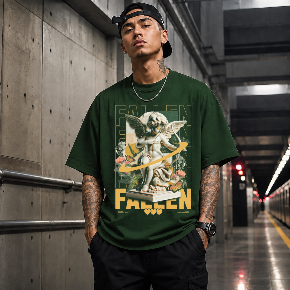 Fallen Cherub Floral T-Shirt – Religious Imagery Collage Graphic Tee - Color: Forest Green