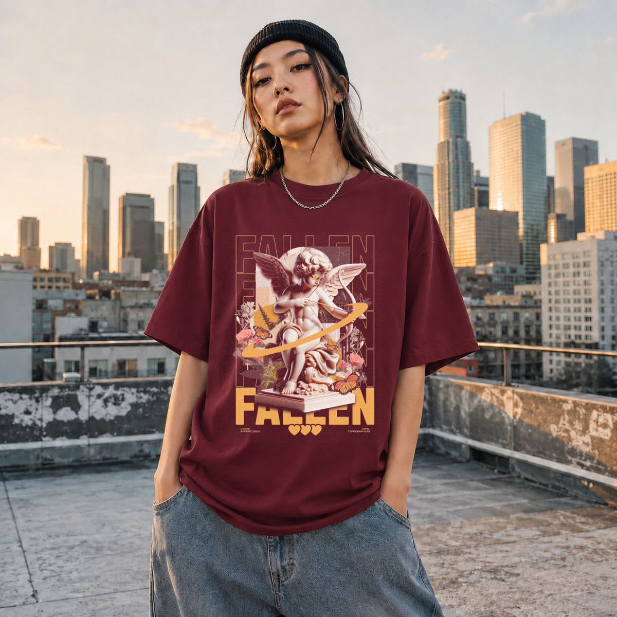 Fallen Cherub Floral T-Shirt – Religious Imagery Collage Graphic Tee - Color: Maroon
