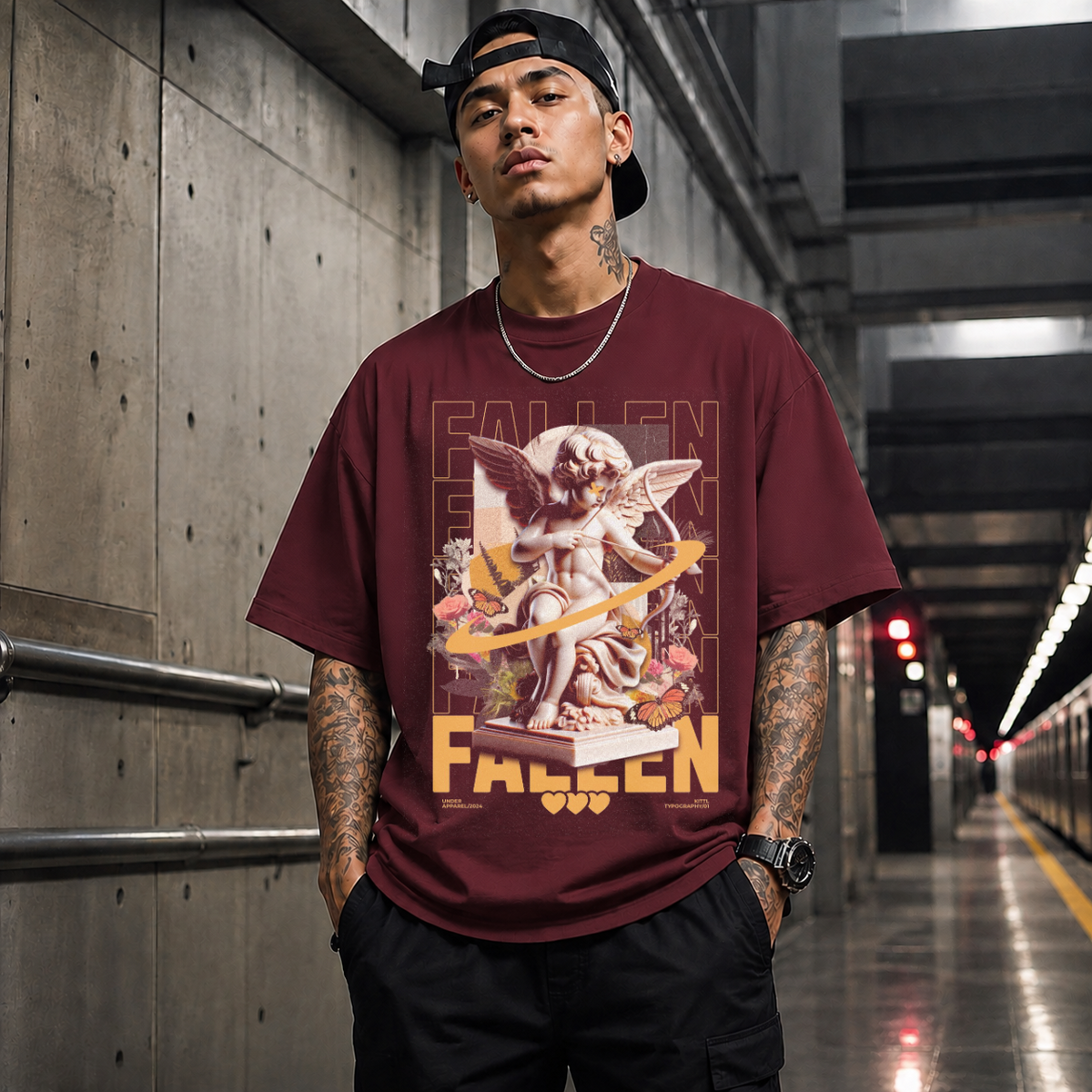 Fallen Cherub Floral T-Shirt – Religious Imagery Collage Graphic Tee - Color: Maroon