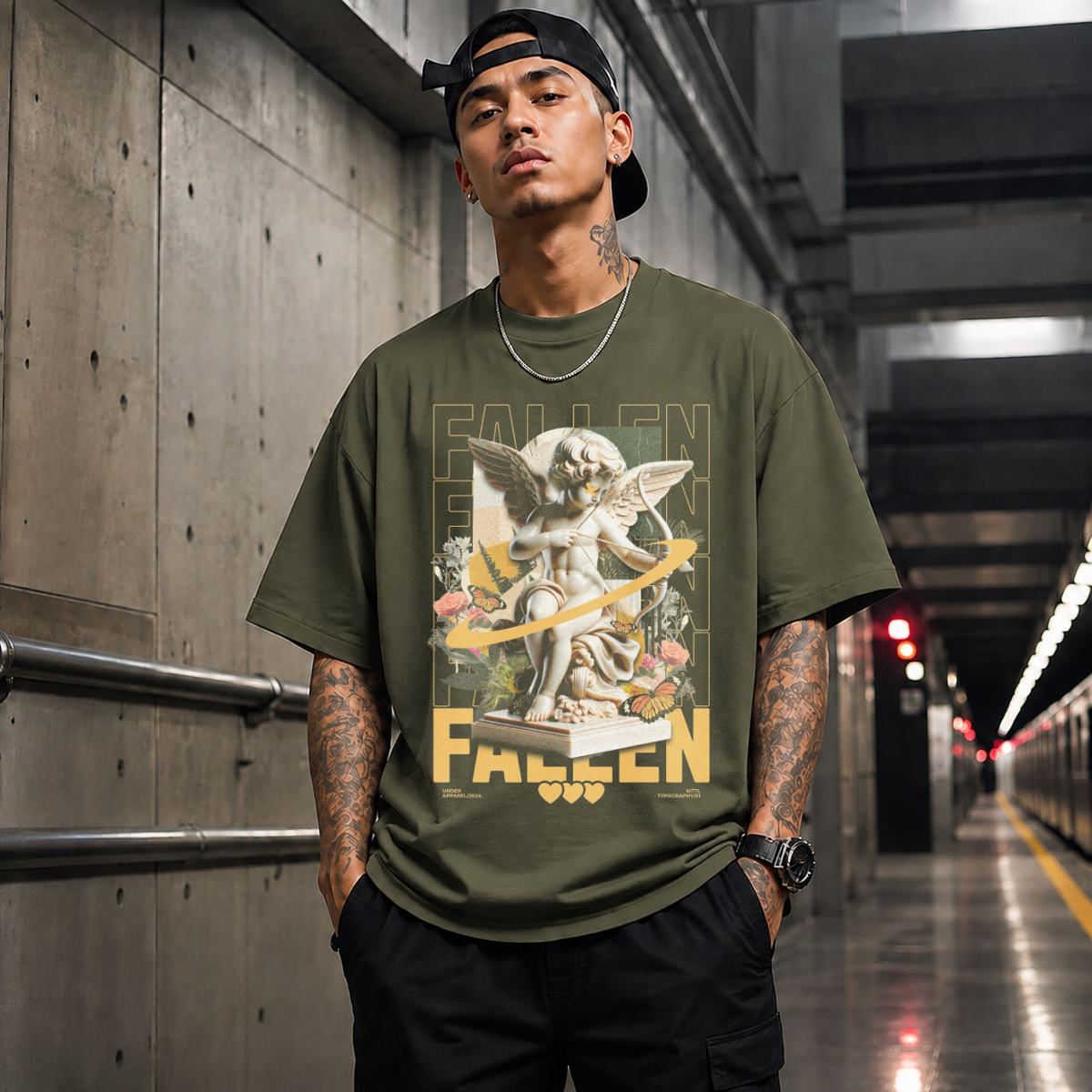 Fallen Cherub Floral T-Shirt – Religious Imagery Collage Graphic Tee - Color: Military Green