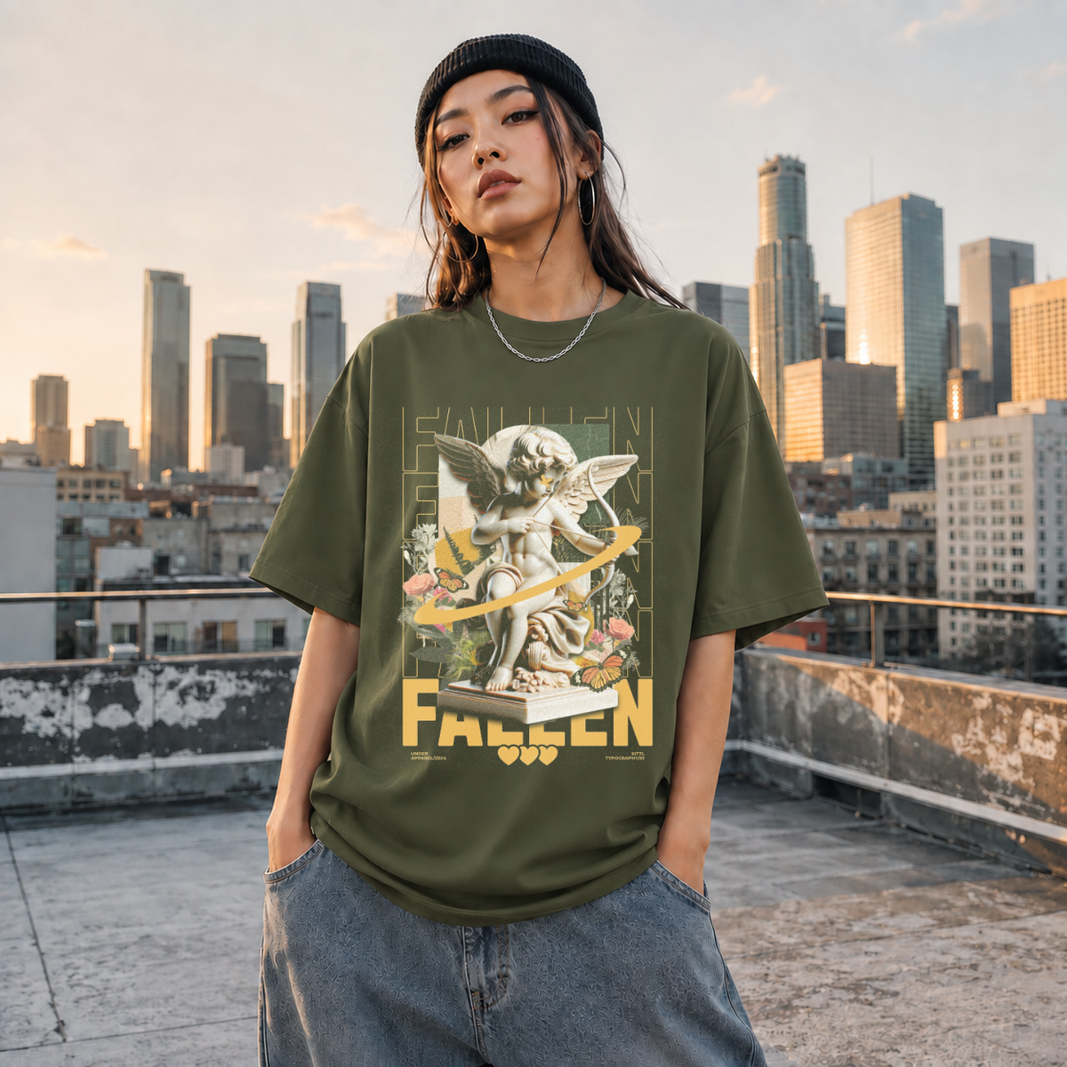 Fallen Cherub Floral T-Shirt – Religious Imagery Collage Graphic Tee - Color: Millitary Green