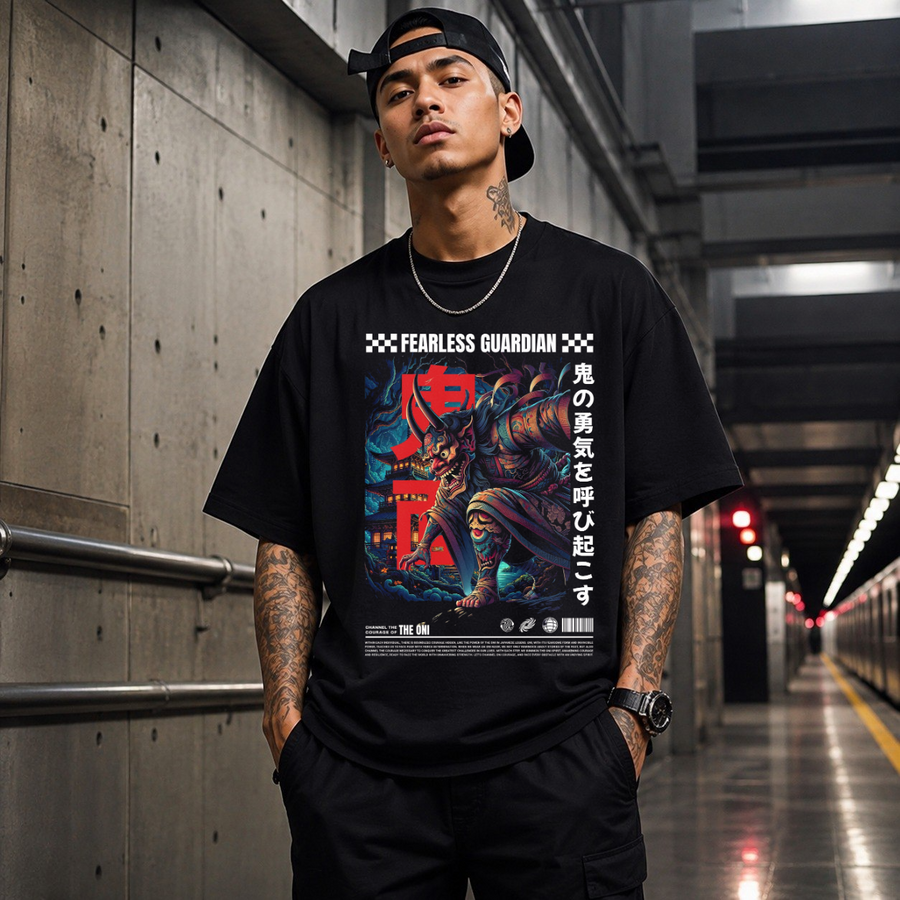 Fearless Guardian Japan Mask Dancer T-Shirt – Gothic Streetwear Poster Graphic Tee - Color: Black