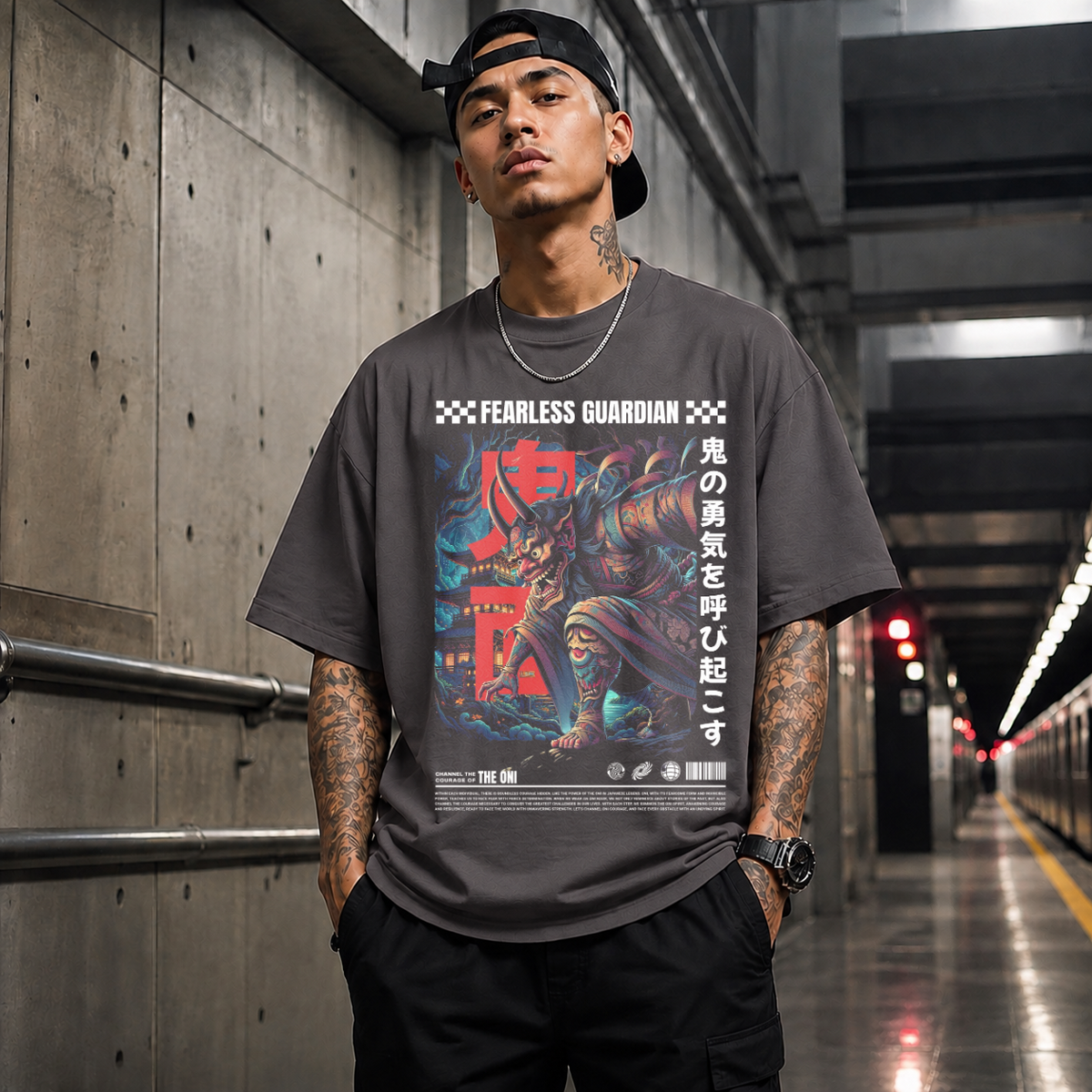 Fearless Guardian Japan Mask Dancer T-Shirt – Gothic Streetwear Poster Graphic Tee - Color: Charcoal