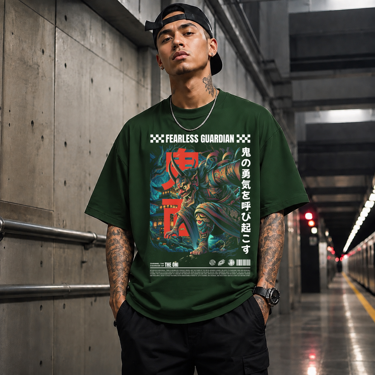 Fearless Guardian Japan Mask Dancer T-Shirt – Gothic Streetwear Poster Graphic Tee - Color: Forest Green
