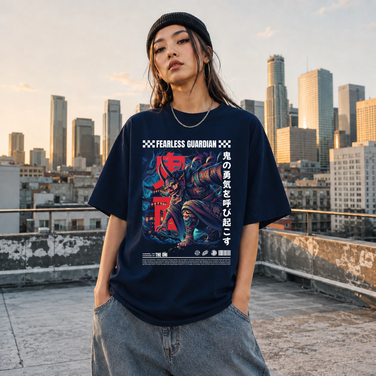 Fearless Guardian Japan Mask Dancer T-Shirt – Gothic Streetwear Poster Graphic Tee - Color: Navy