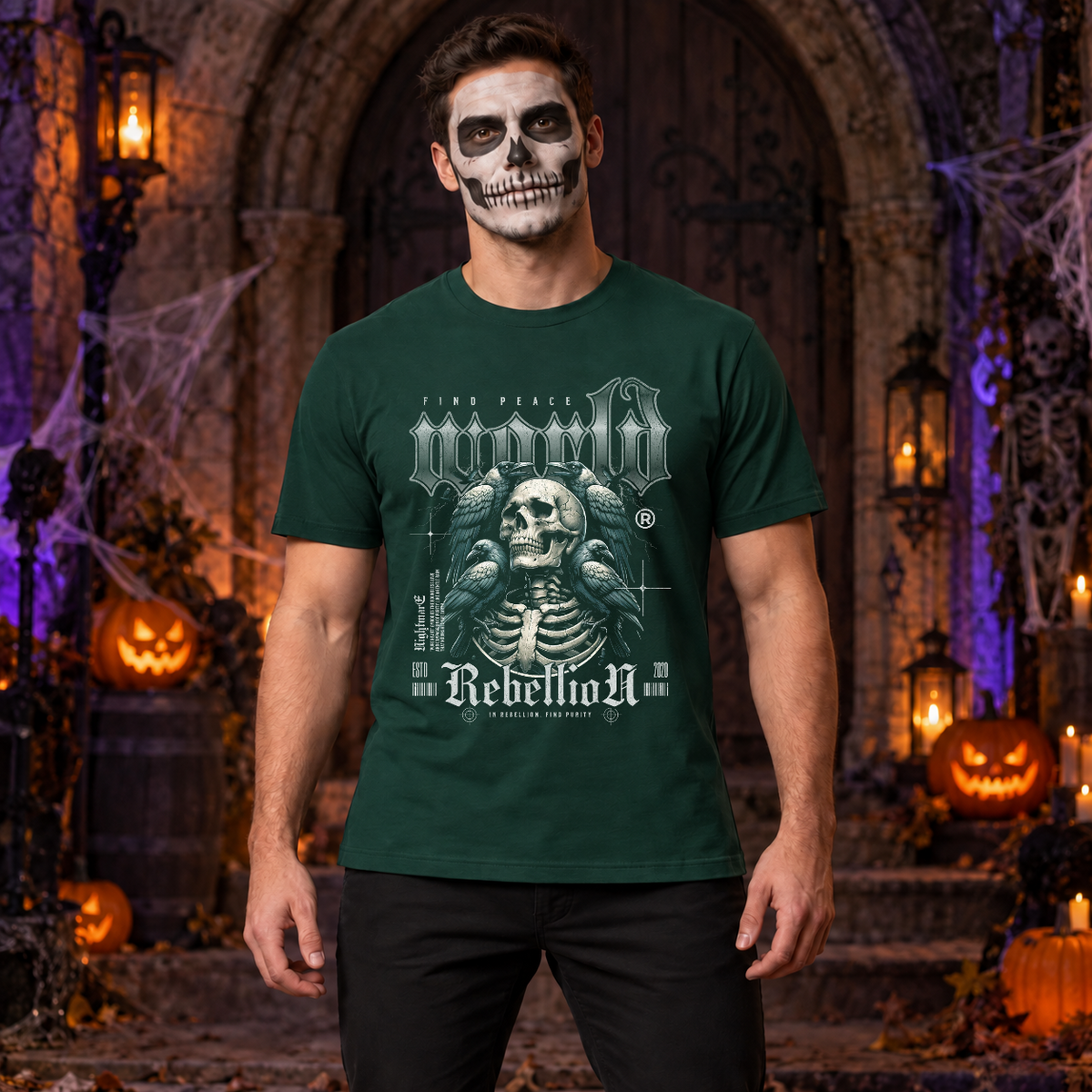 Find Peace World T-Shirt – Dark Streetwear Graphic Design Graphic Tee - Color: forest green