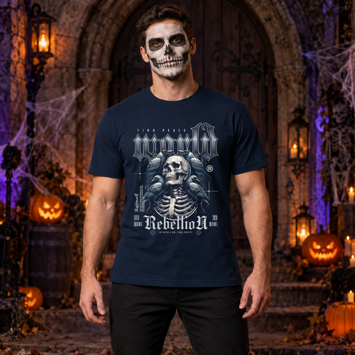 Find Peace World T-Shirt – Dark Streetwear Graphic Design Graphic Tee - Color: navy