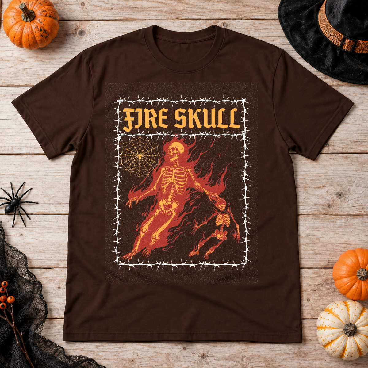 Fire Skull T-Shirt – Skull & Reaper Gothic Graphic Graphic Tee - Color: chocolate