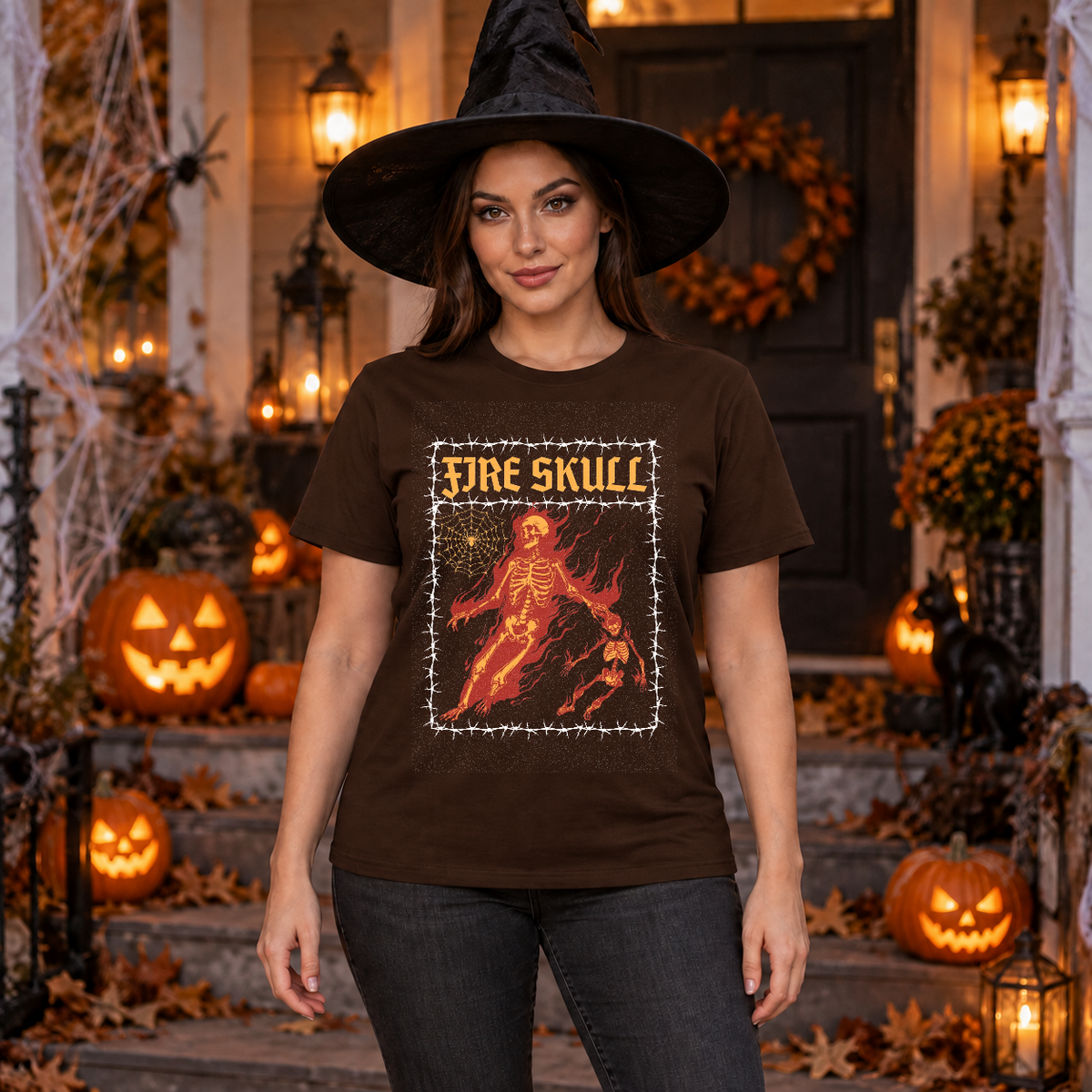 Fire Skull T-Shirt – Skull & Reaper Gothic Graphic Graphic Tee - Color: chocolate