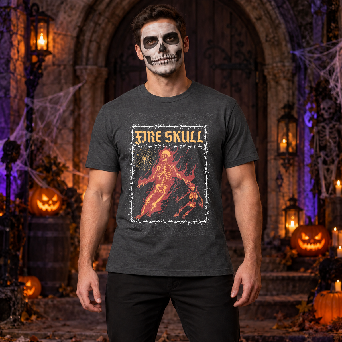 Fire Skull T-Shirt – Skull & Reaper Gothic Graphic Graphic Tee - Color: dark heather
