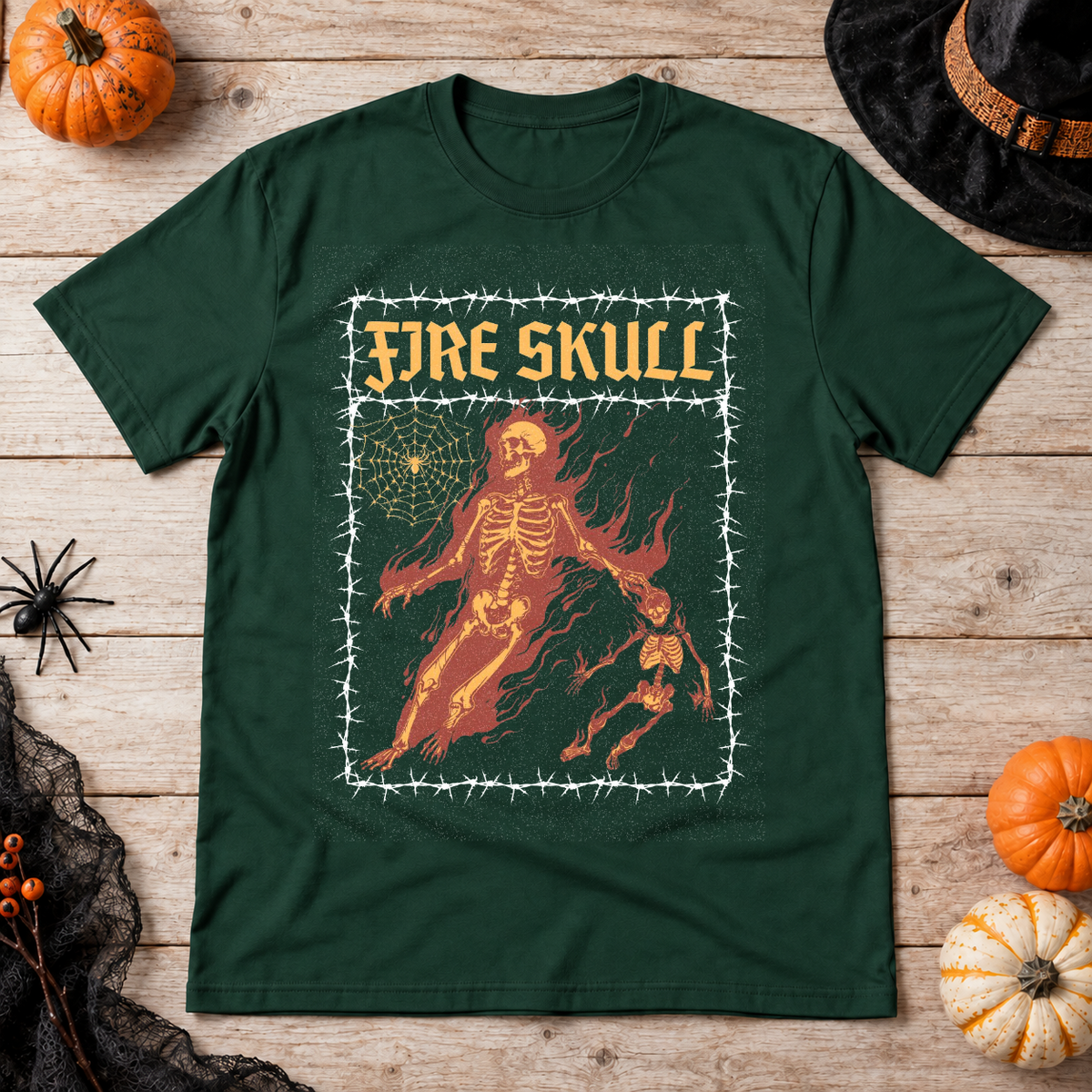 Fire Skull T-Shirt – Skull & Reaper Gothic Graphic Graphic Tee - Color: forest green