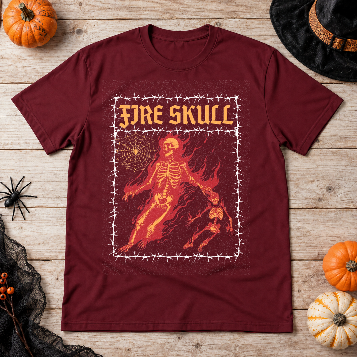 Fire Skull T-Shirt – Skull & Reaper Gothic Graphic Graphic Tee - Color: maroon