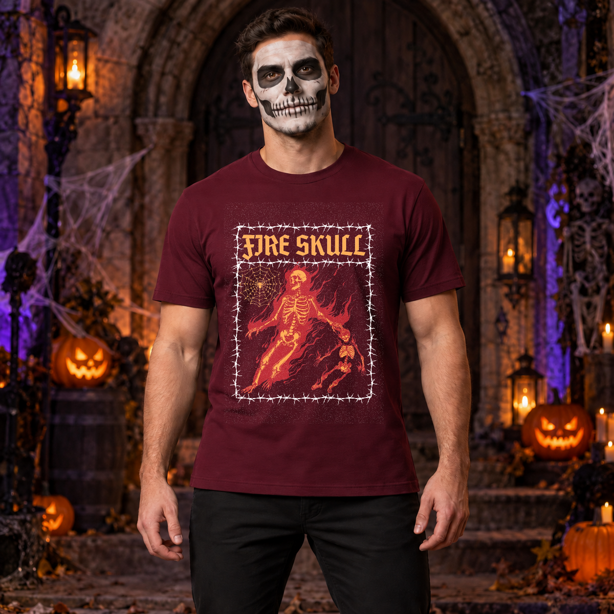 Fire Skull T-Shirt – Skull & Reaper Gothic Graphic Graphic Tee - Color: maroon