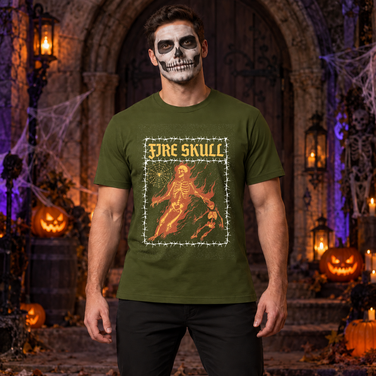 Fire Skull T-Shirt – Skull & Reaper Gothic Graphic Graphic Tee - Color: military green
