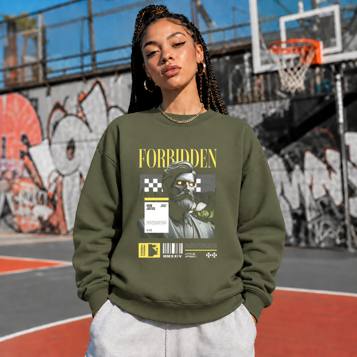 Forbidden Bust Checker Sweatshirt – Dark Editorial / Gothic Streetwear Sweatshirt - Color: military green