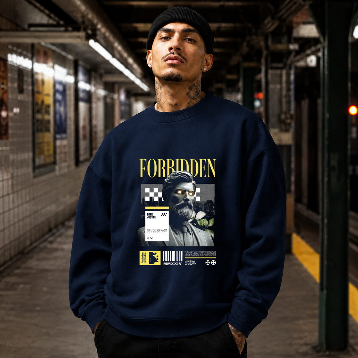 Forbidden Bust Checker Sweatshirt – Dark Editorial / Gothic Streetwear Sweatshirt - Color: navy