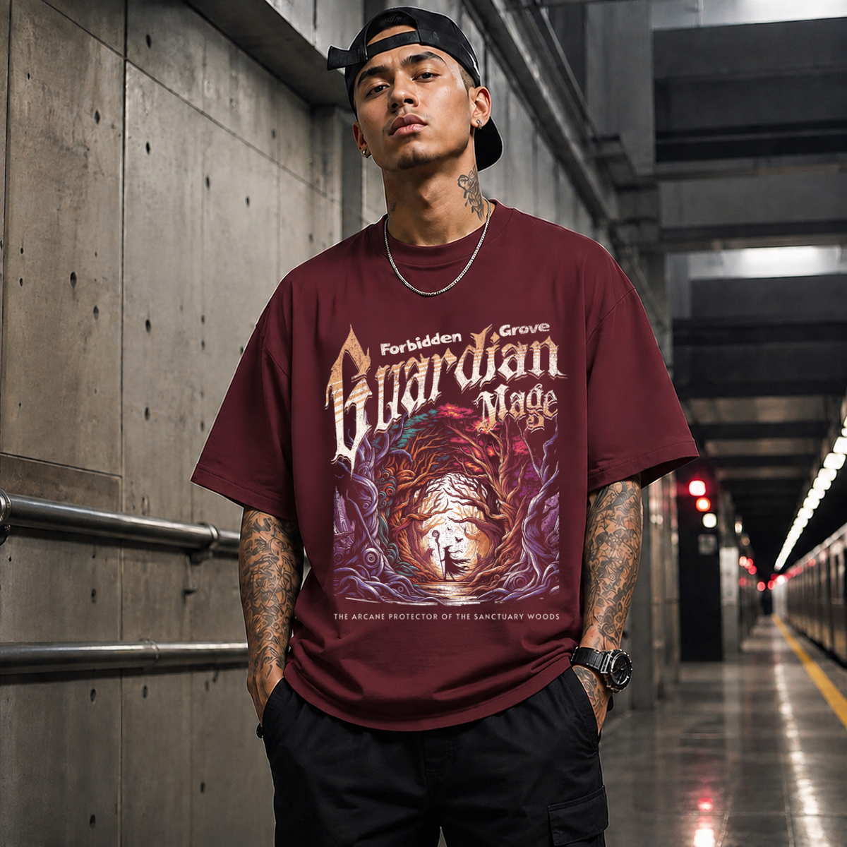 Forbidden Grove Guardian Mage T-Shirt – Dark Art / Renaissance Aesthetic Graphic Tee - Color: Maroon