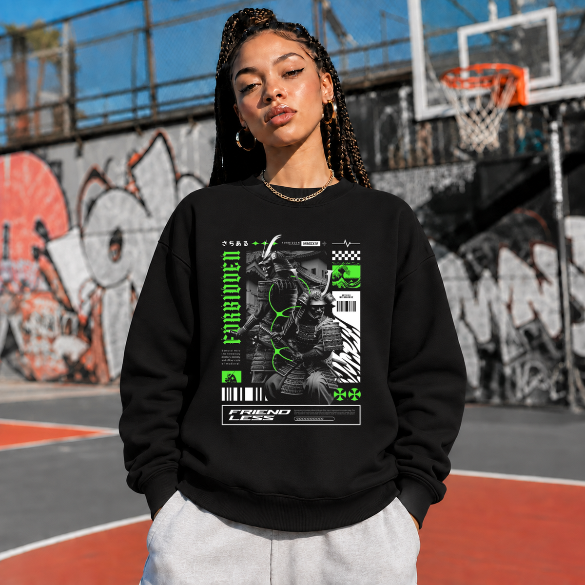 Forbidden Samurai Friendless Sweatshirt – Gothic Streetwear Poster Graphic Sweatshirt - Color: black