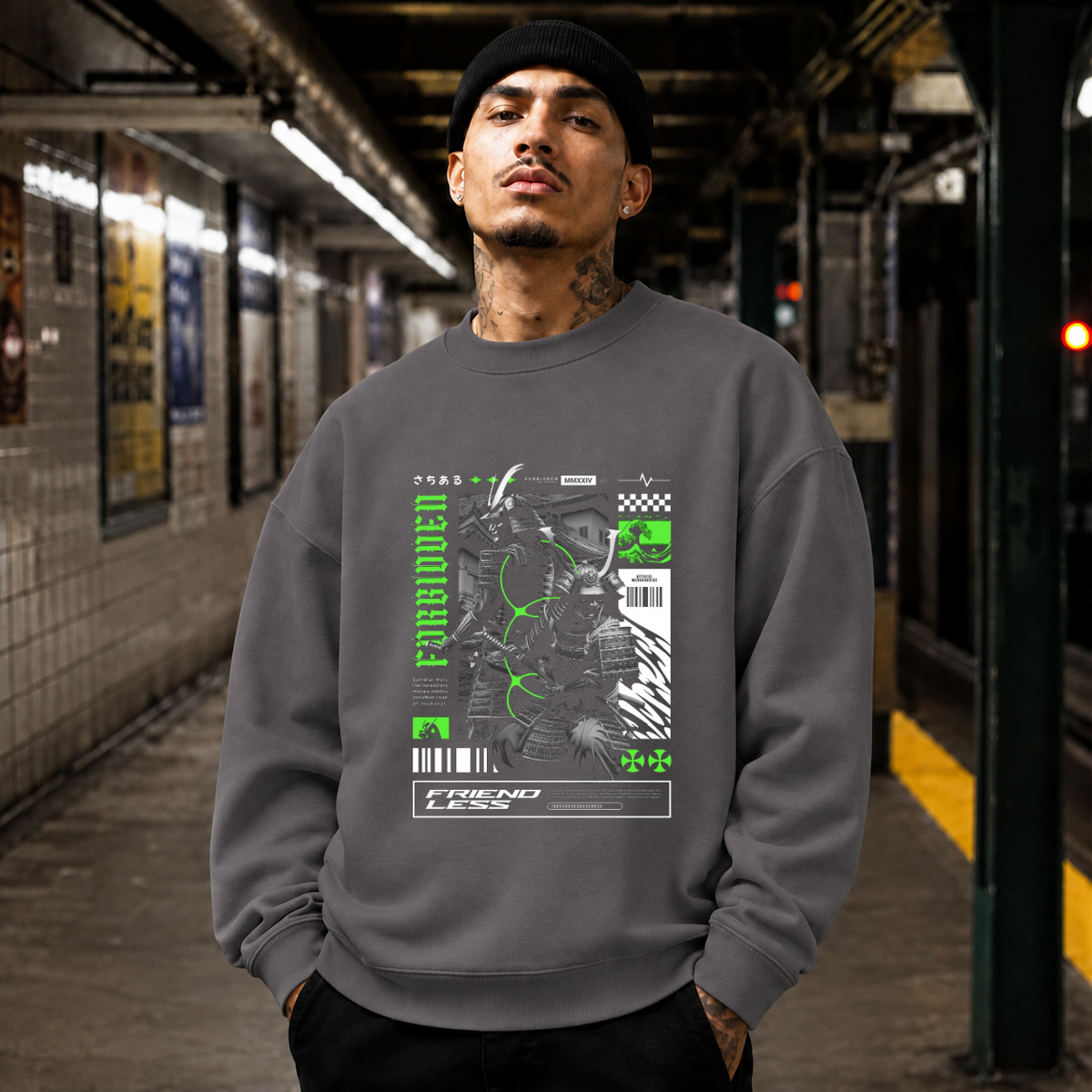 Forbidden Samurai Friendless Sweatshirt – Gothic Streetwear Poster Graphic Sweatshirt - Color: charcoal