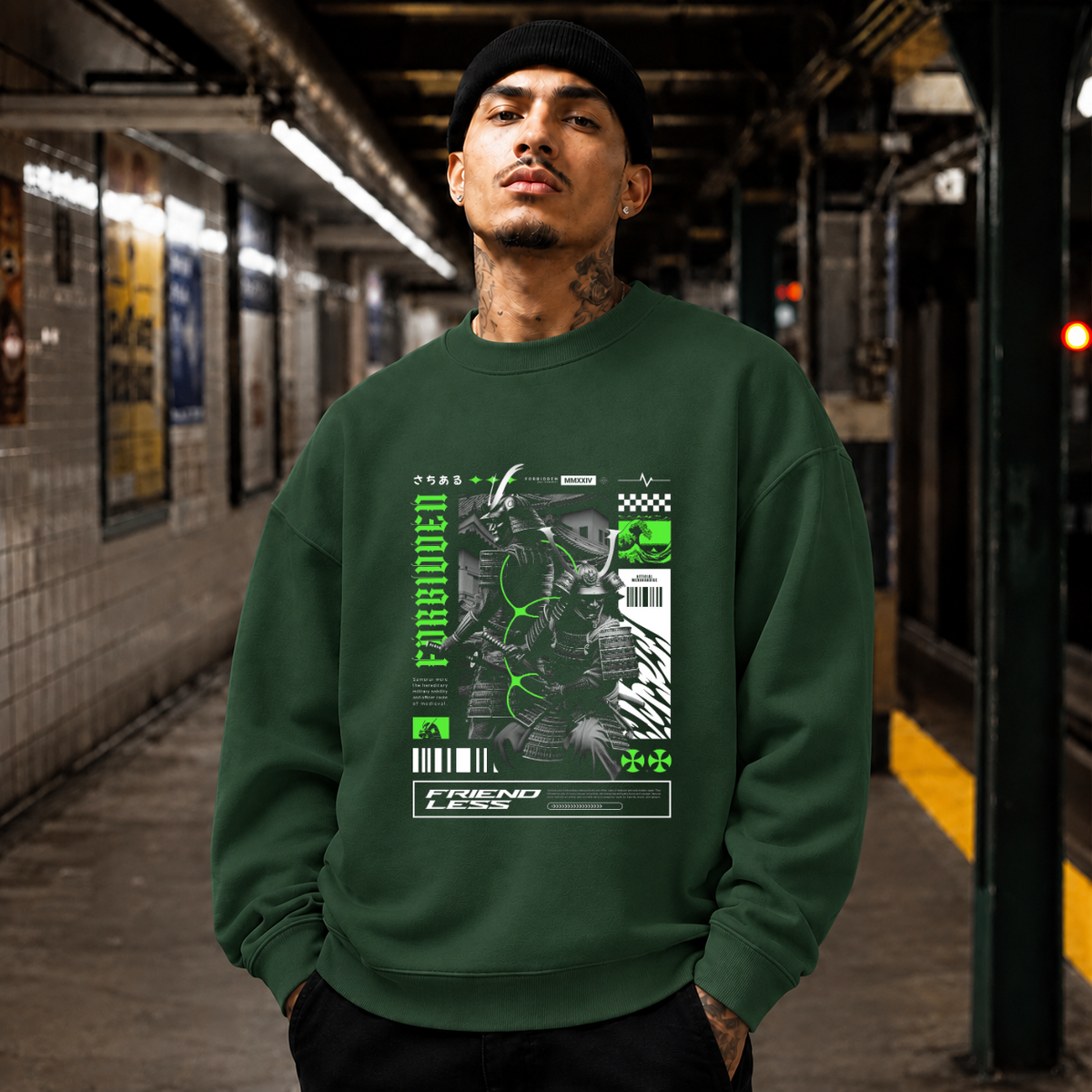 Forbidden Samurai Friendless Sweatshirt – Gothic Streetwear Poster Graphic Sweatshirt - Color: forest green