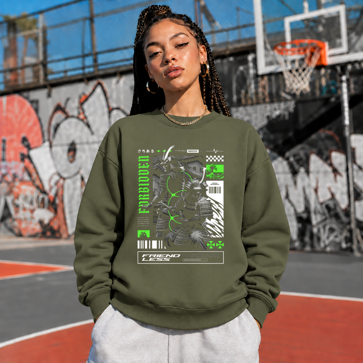 Forbidden Samurai Friendless Sweatshirt – Gothic Streetwear Poster Graphic Sweatshirt - Color: military green