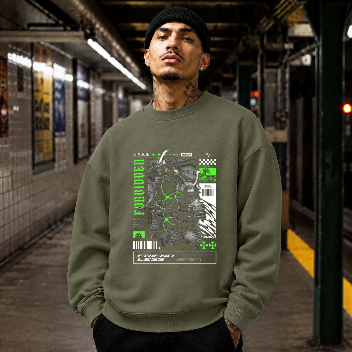 Forbidden Samurai Friendless Sweatshirt – Gothic Streetwear Poster Graphic Sweatshirt - Color: military green