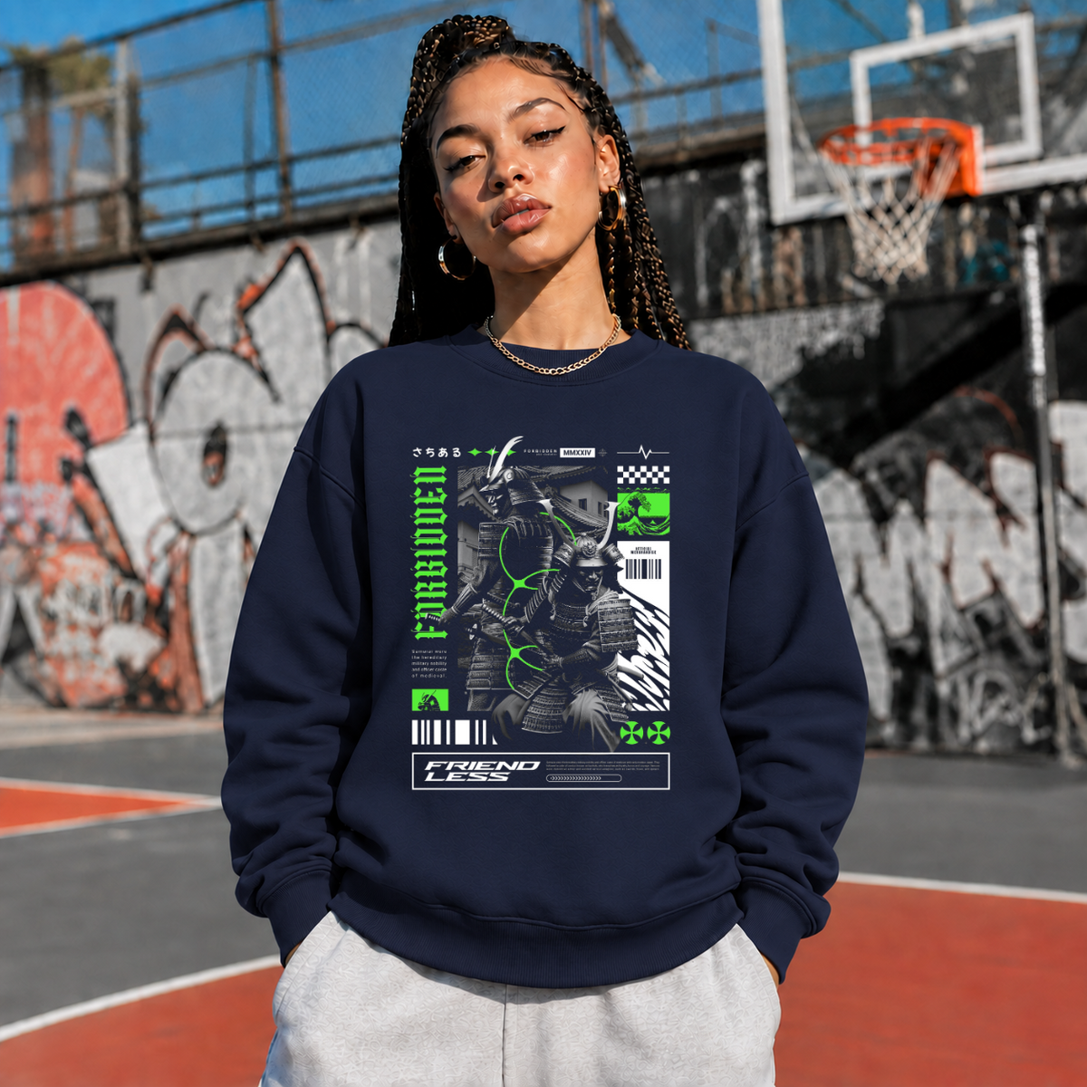 Forbidden Samurai Friendless Sweatshirt – Gothic Streetwear Poster Graphic Sweatshirt - Color: navy