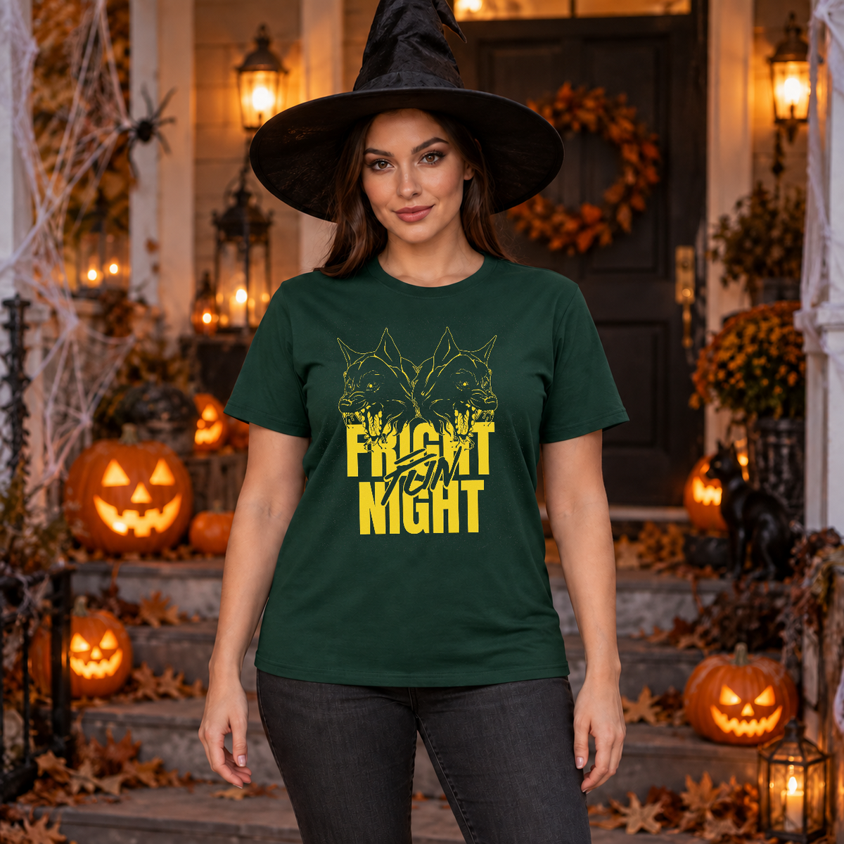 Fright Night T-Shirt – Halloween Streetwear Graphic Graphic Tee - Color: forest green