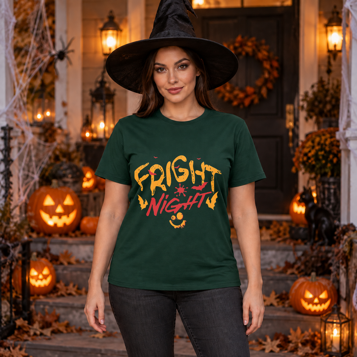 Fright Night T-Shirt – Halloween Streetwear Graphic Graphic Tee - Color: forest green