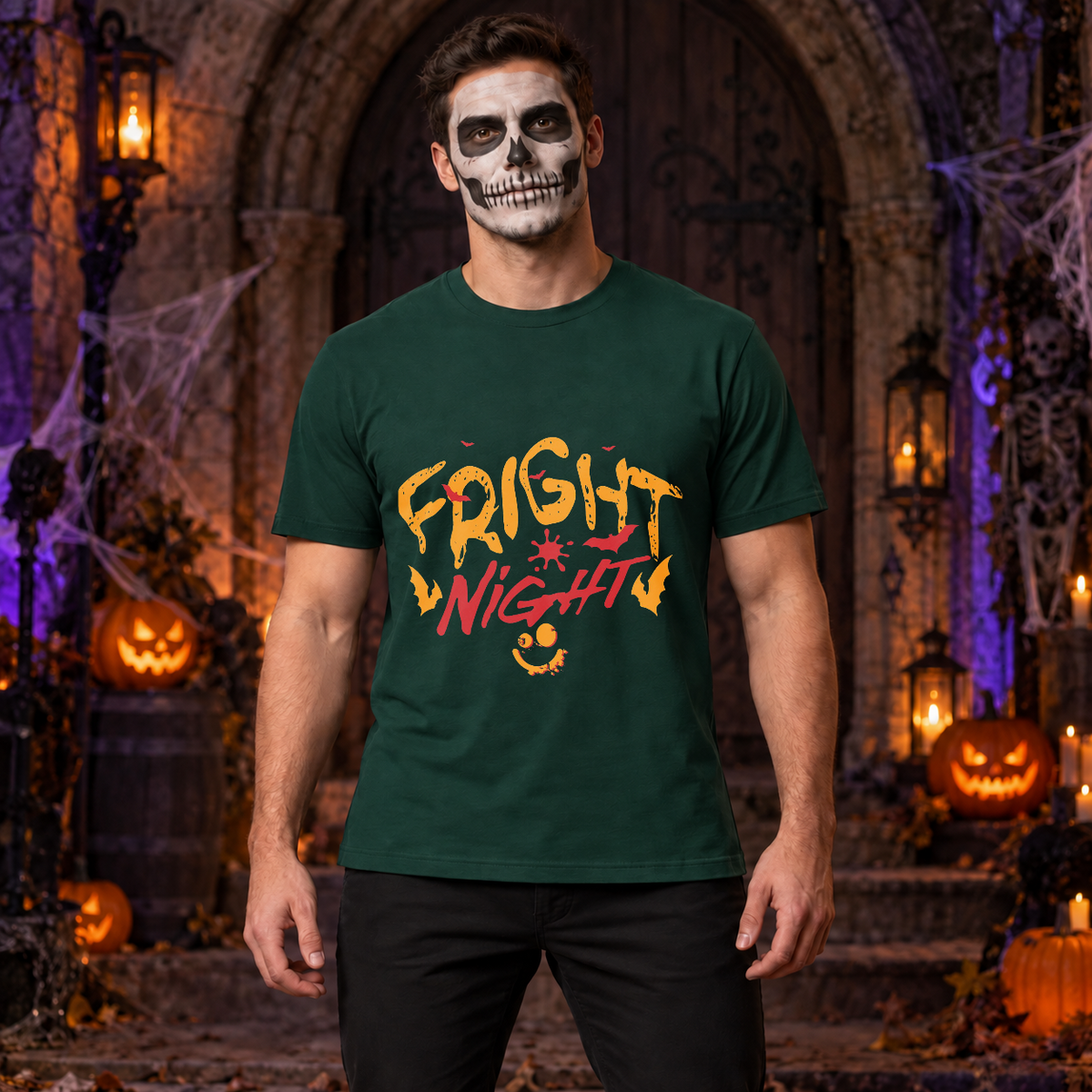 Fright Night T-Shirt – Halloween Streetwear Graphic Graphic Tee - Color: forest green