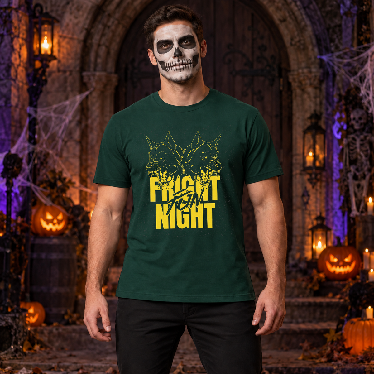 Fright Night T-Shirt – Halloween Streetwear Graphic Graphic Tee - Color: forest green