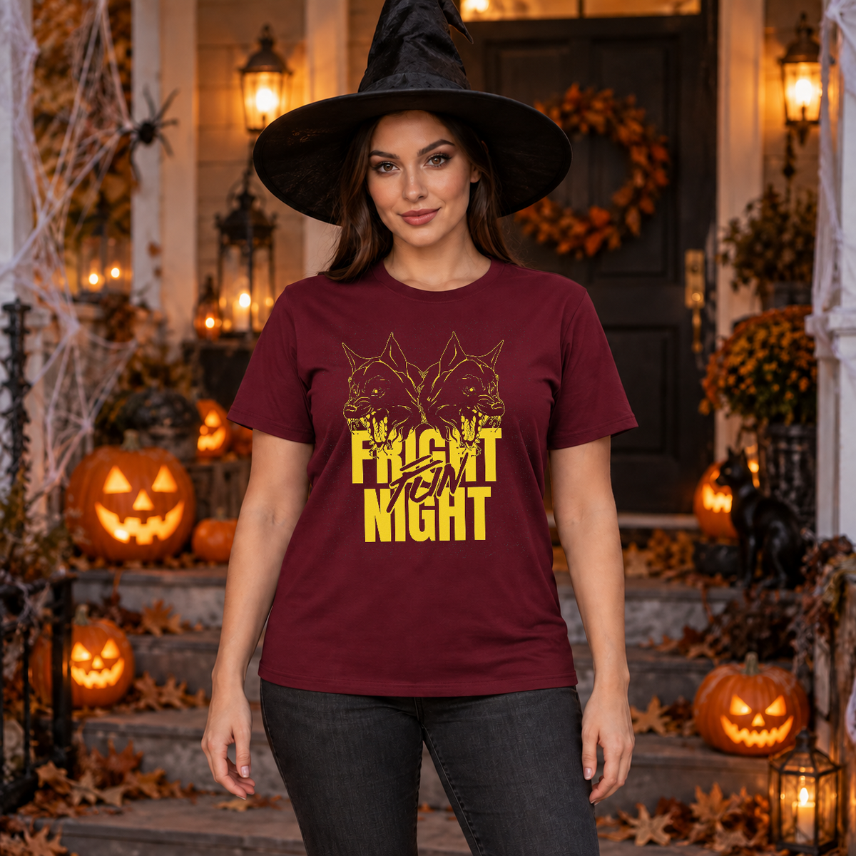 Fright Night T-Shirt – Halloween Streetwear Graphic Graphic Tee - Color: maroon