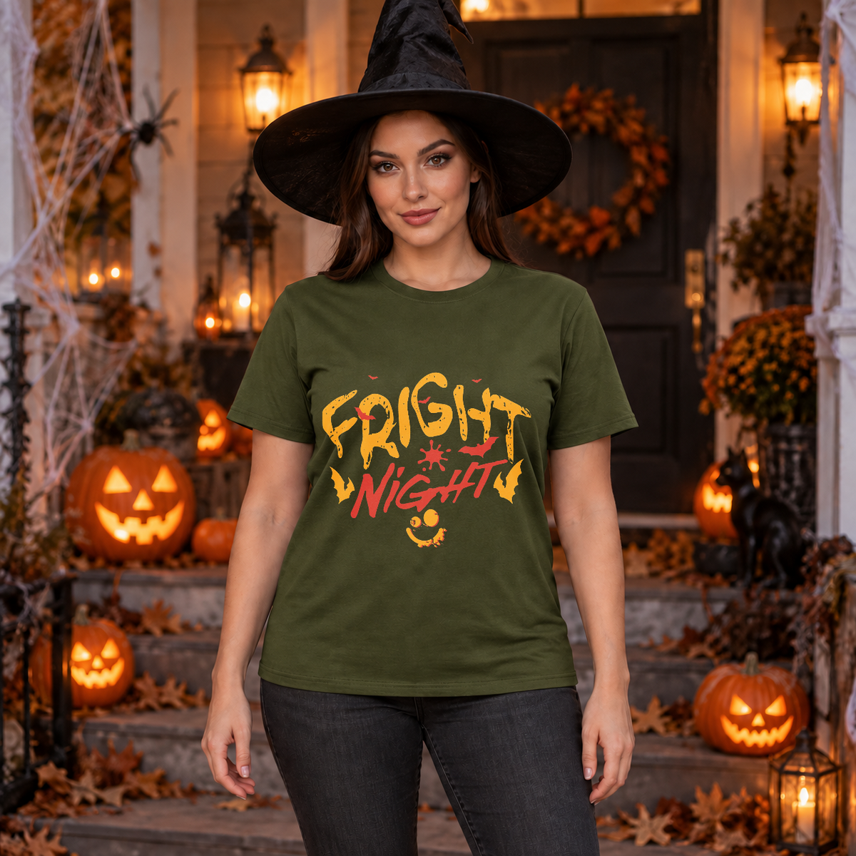 Fright Night T-Shirt – Halloween Streetwear Graphic Graphic Tee - Color: military green
