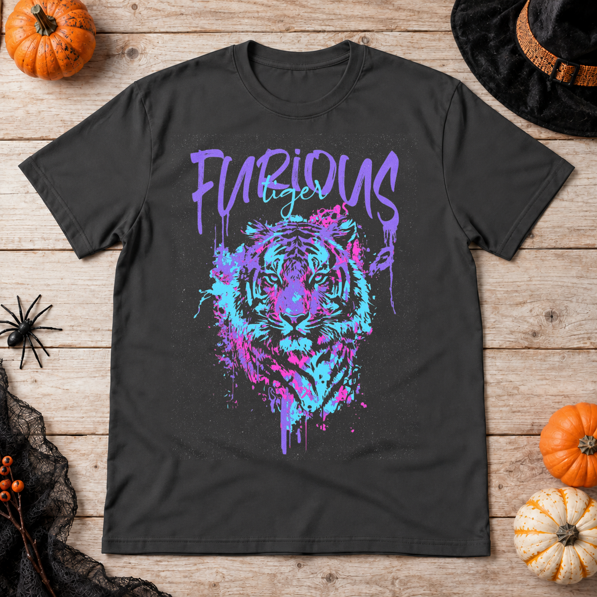 Furious Tiger T-Shirt – Dark Editorial Graphic Design Graphic Tee - Color: charcoal