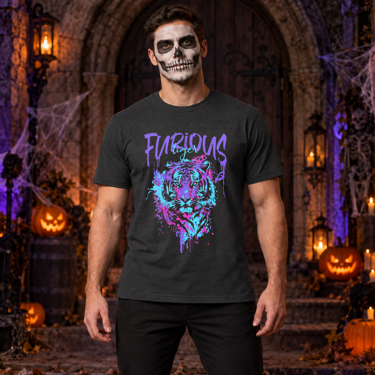 Furious Tiger T-Shirt – Dark Editorial Graphic Design Graphic Tee - Color: charcoal