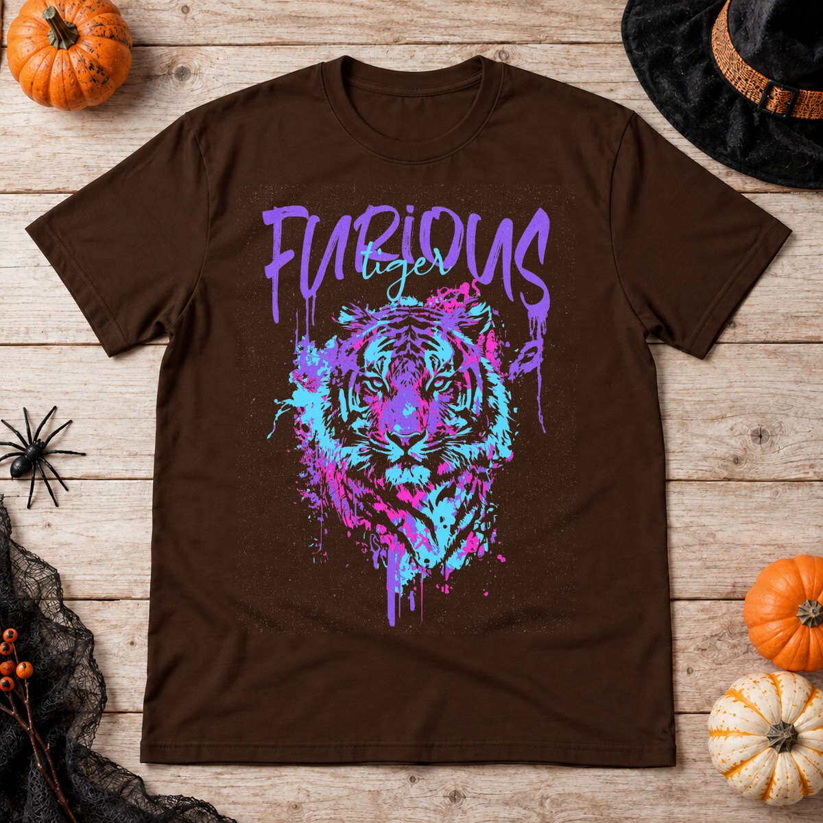 Furious Tiger T-Shirt – Dark Editorial Graphic Design Graphic Tee - Color: chocolate