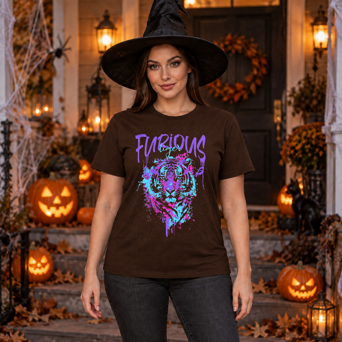 Furious Tiger T-Shirt – Dark Editorial Graphic Design Graphic Tee - Color: chocolate