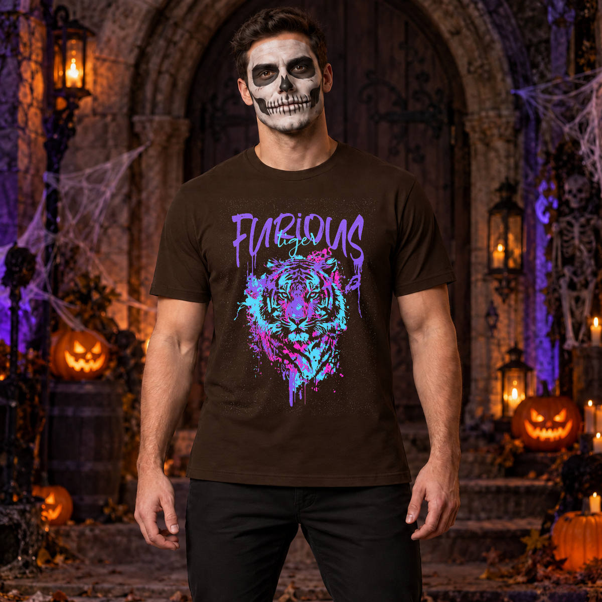 Furious Tiger T-Shirt – Dark Editorial Graphic Design Graphic Tee - Color: chocolate