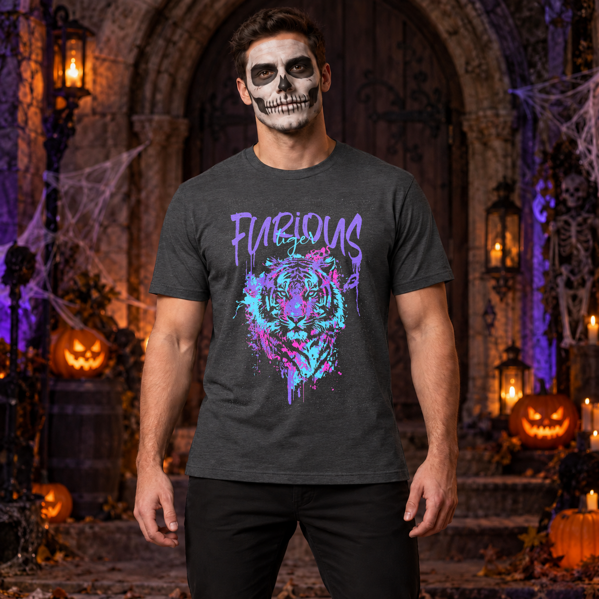 Furious Tiger T-Shirt – Dark Editorial Graphic Design Graphic Tee - Color: dark heather