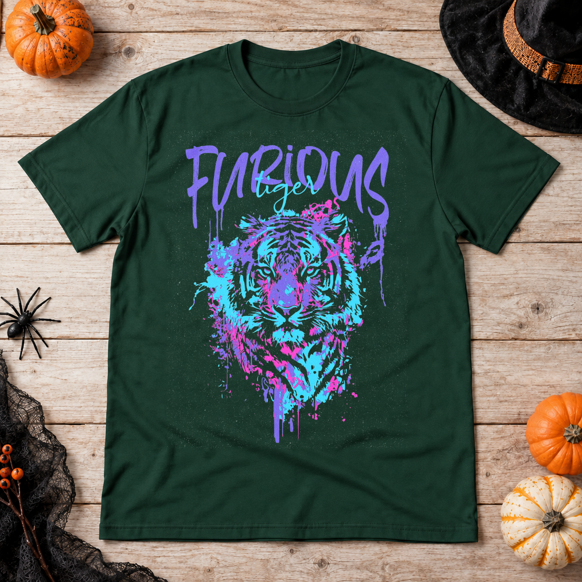 Furious Tiger T-Shirt – Dark Editorial Graphic Design Graphic Tee - Color: forest green